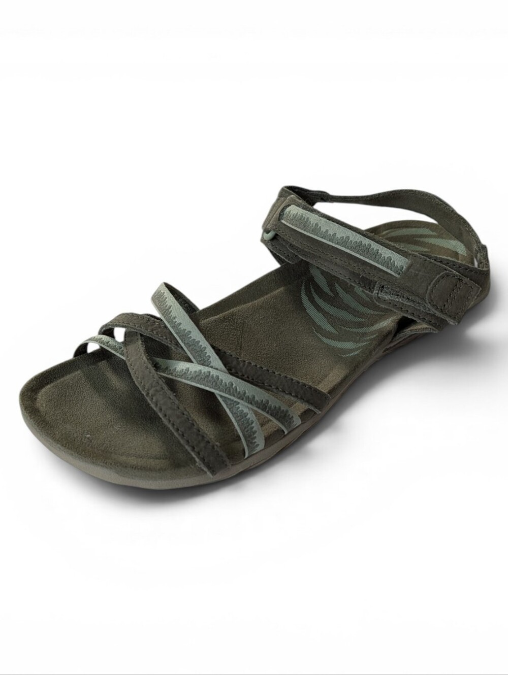 Merrell Terran Three Cush Cross Olive Green New Buck Leather Sandals. Size 10